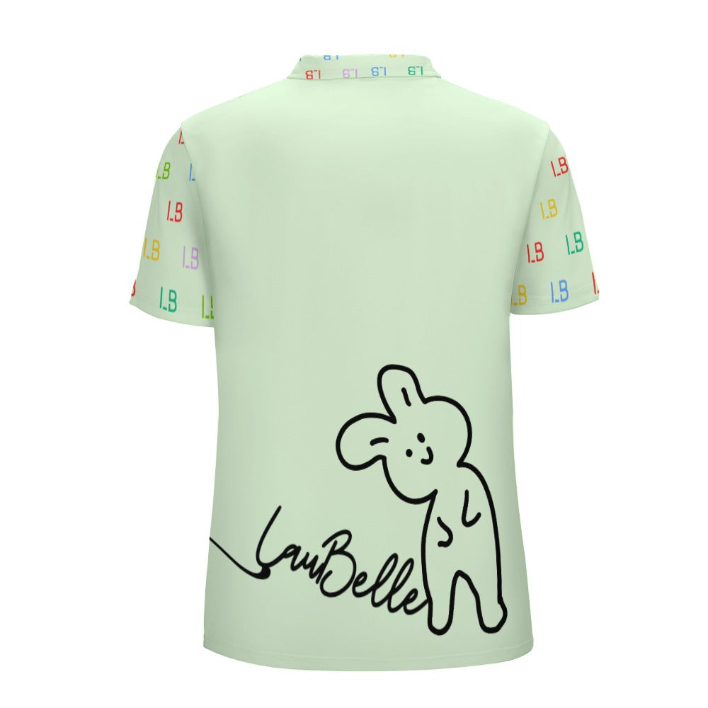 Light green shirt with colorful "LB" on sleeves, cartoon rabbit, and "LaBelle" text on back.