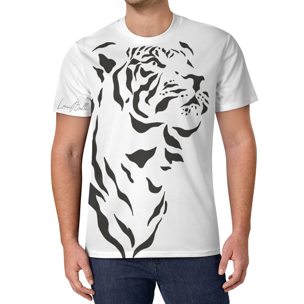 Man wearing white T-shirt with large black abstract tiger face and stripes on front