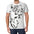 Man wearing white T-shirt with large black abstract tiger face and stripes on front