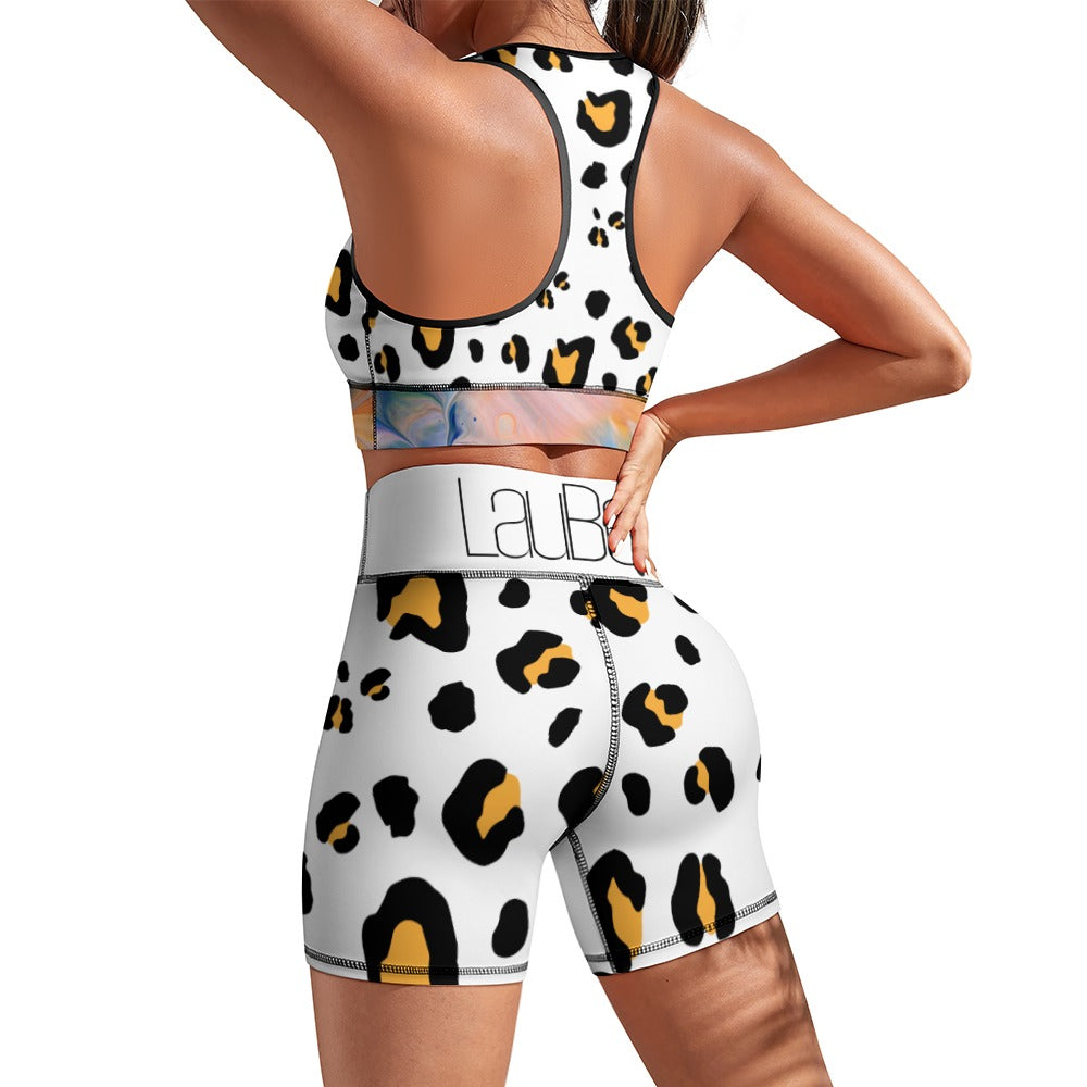 Woman in leopard print workout set featuring black and yellow spots on a white background.