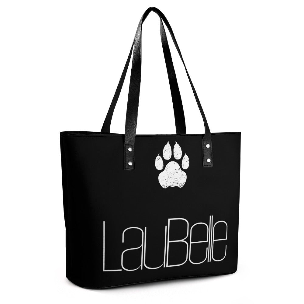 Black tote bag with black handles, white paw print, and "LauBele" text in white.