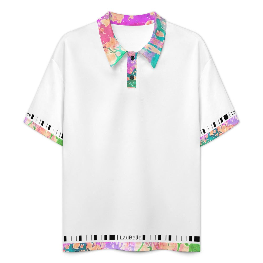 White shirt with a colorful collar and cuffs, featuring abstract patterns in pink, green, and purple.