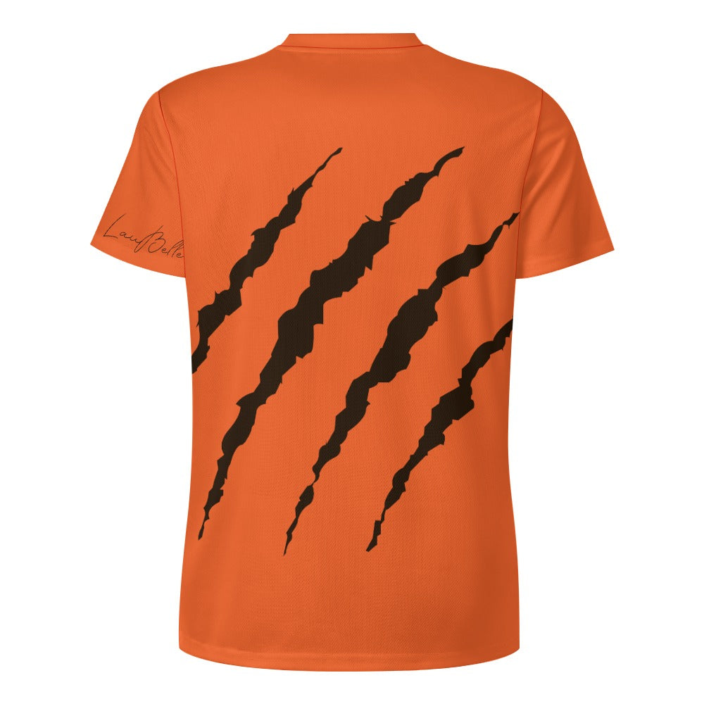 Orange T-shirt back with four large black diagonal claw-scratch streaks.