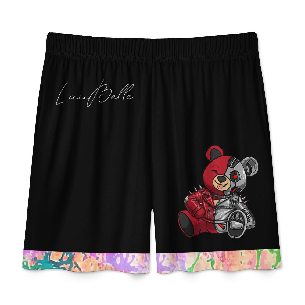 Black shorts with a red and silver robotic bear design. Colorful abstract hem, signed "LouiBelle."