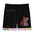 Black shorts with a red and silver robotic bear design. Colorful abstract hem, signed "LouiBelle."