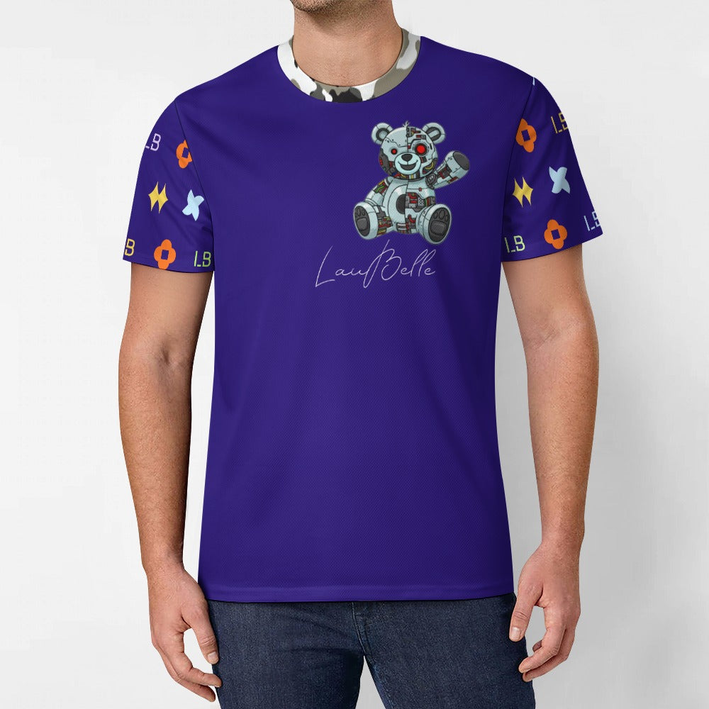 Man wearing purple T-shirt with patterned teddy bear graphic and colorful sleeve motifs.