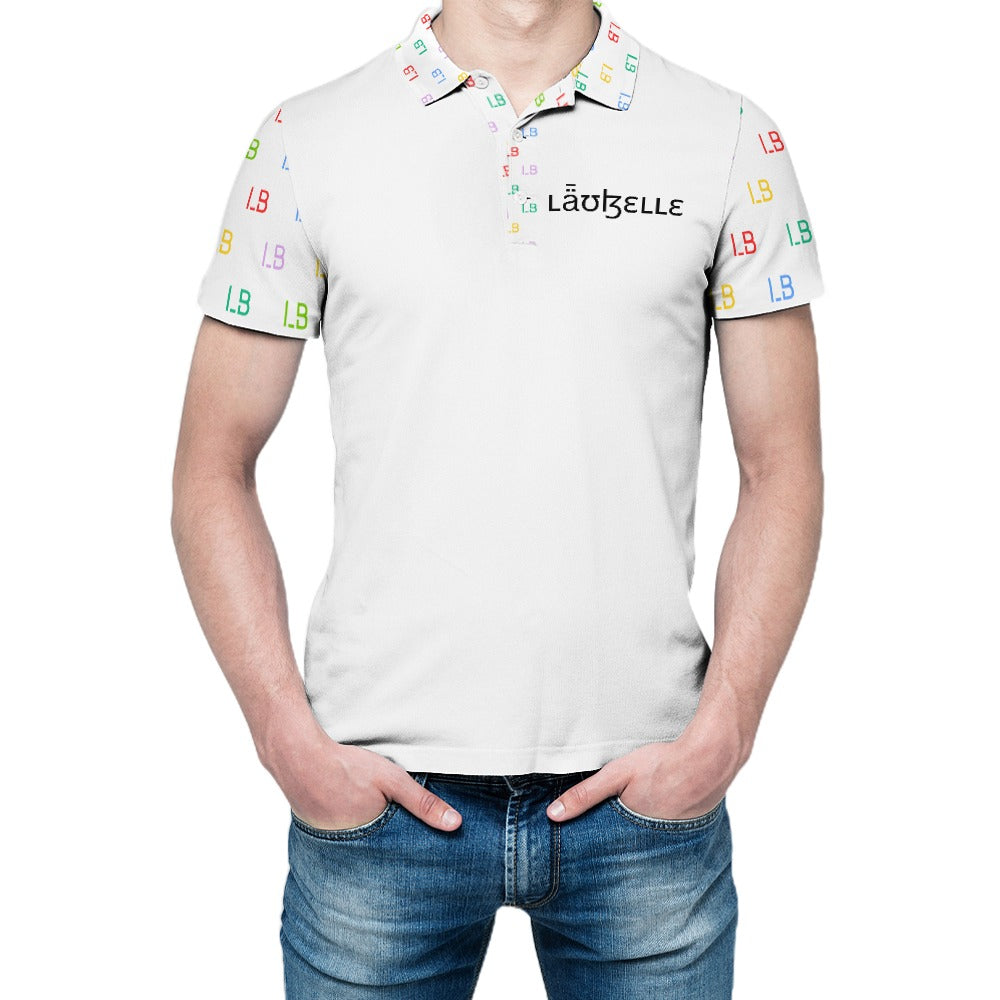 Man in white polo with colorful accents, "Labgelle" logo, and jeans, hands in pockets.