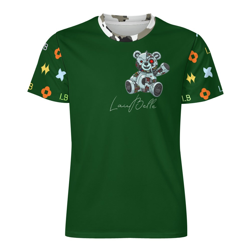 Dark green T-shirt with cartoon teddy bear graphic and colorful patterned short sleeves.
