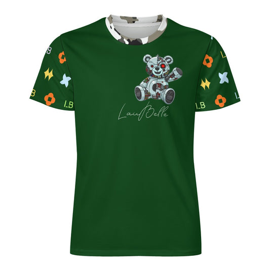 Dark green T-shirt with cartoon teddy bear graphic and colorful patterned short sleeves.