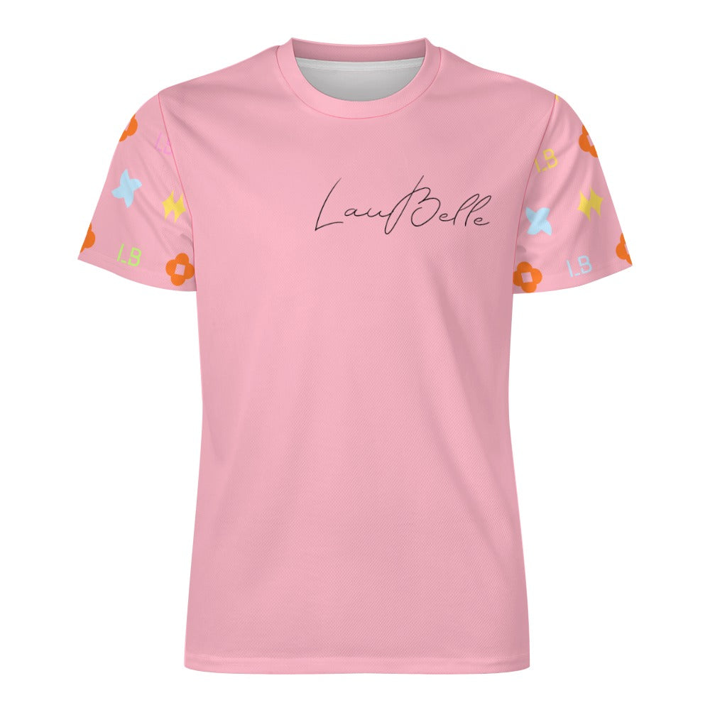 Pink T-shirt with “Lavi Belle” script and pastel floral-patterned short sleeves