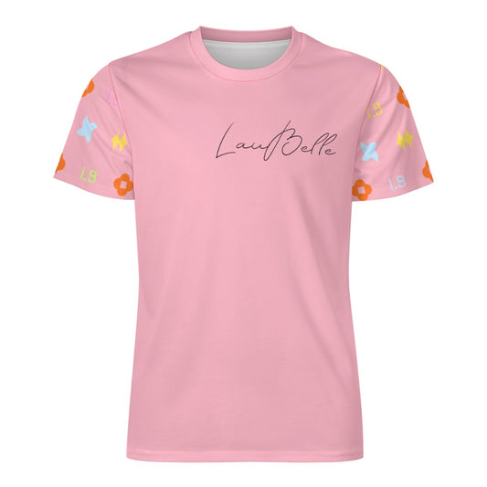 Pink T-shirt with “Lavi Belle” script and pastel floral-patterned short sleeves