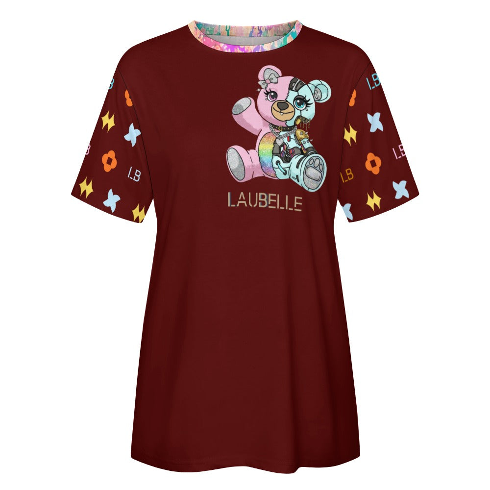Maroon T-shirt with colorful teddy bear print, patterned sleeves, and "LAUBELLE" text.