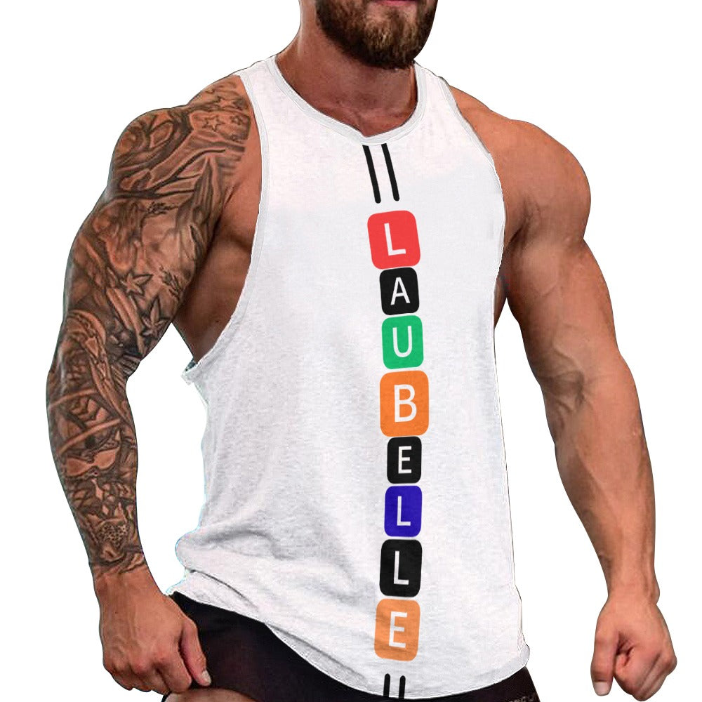 Muscular man in a white tank top with colorful vertical text and tattooed arm.