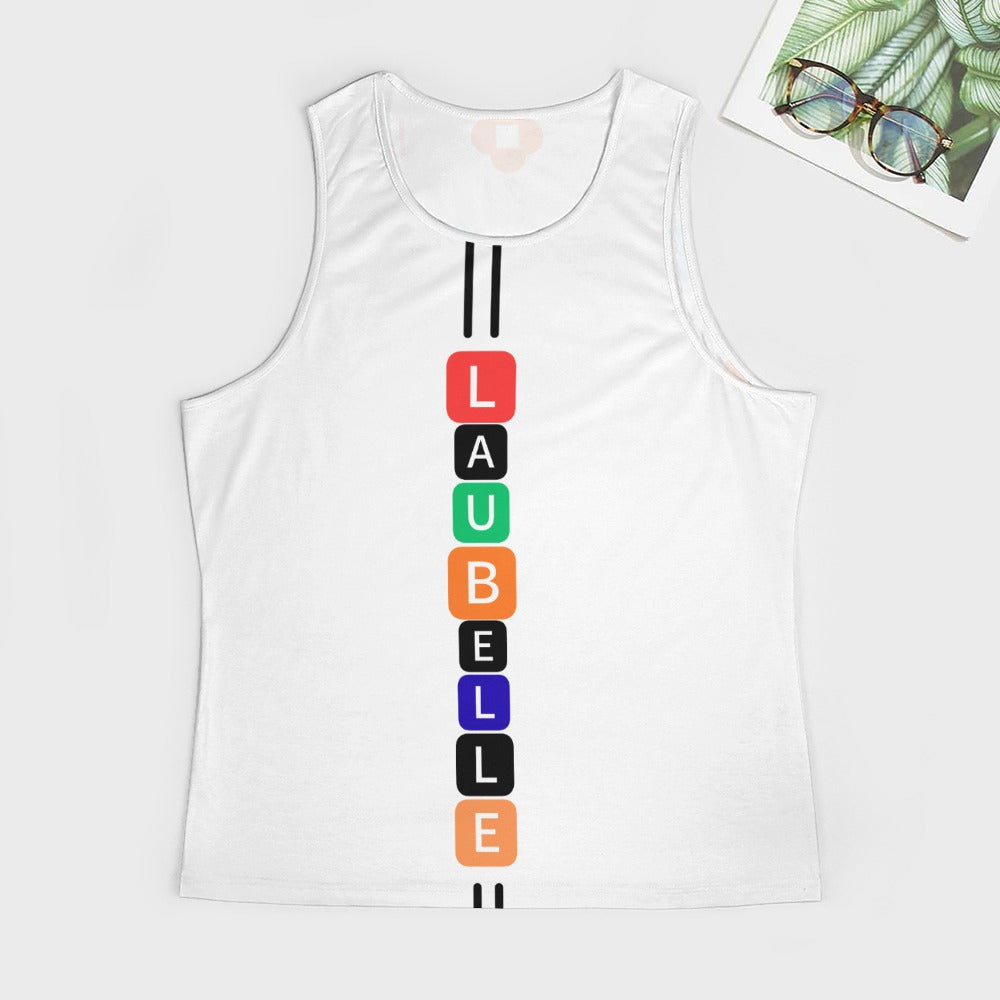 White tank top with colorful blocks spelling "LABELLE" vertically and two black stripes.