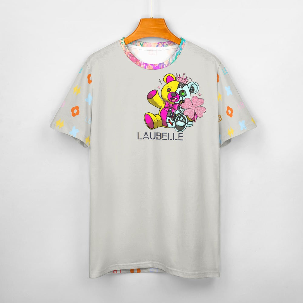 Gray t-shirt with colorful bear and flower graphic, multicolored sleeve patterns, and "LauBelle" text.