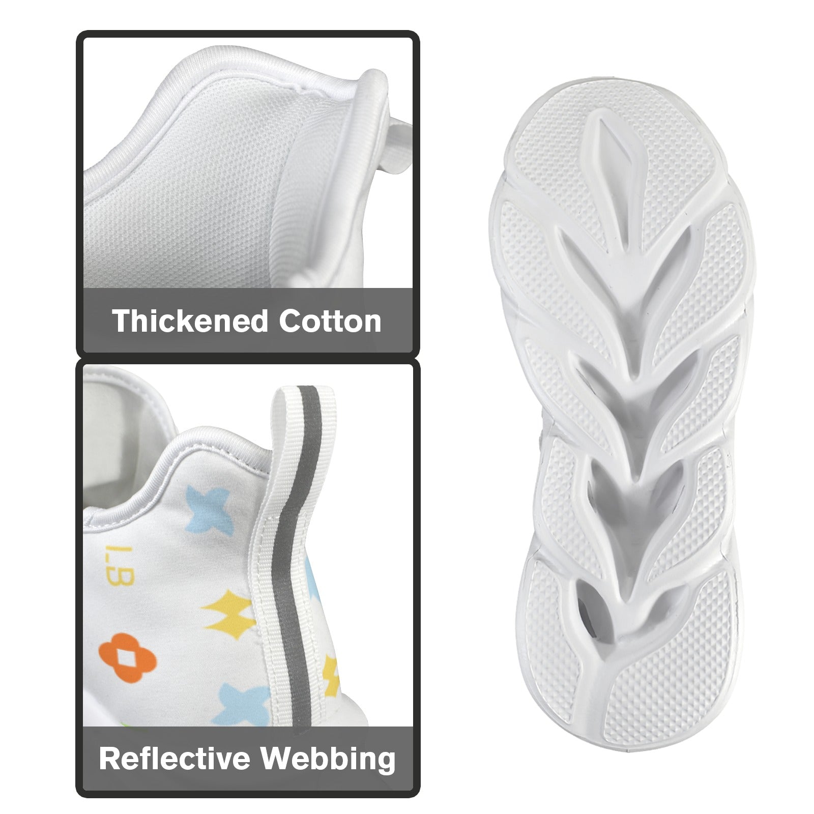 White sneaker with colorful flower patterns, thick cotton lining, and grooved sole design.