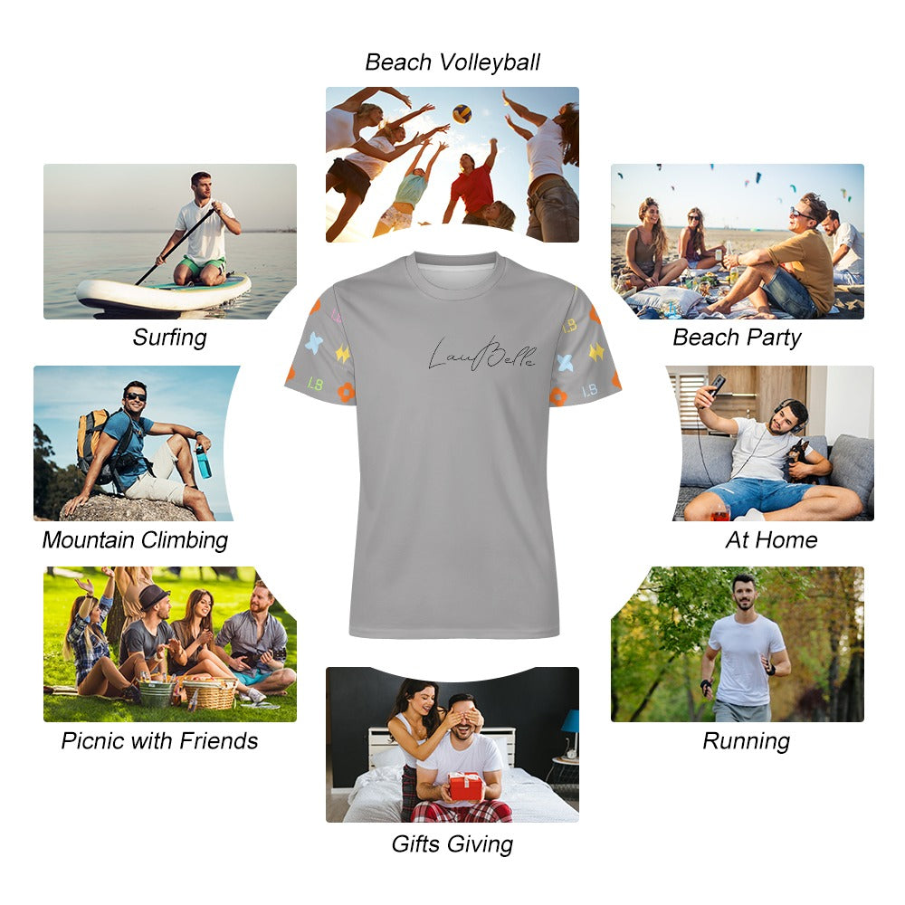 Gray t‑shirt surrounded by photos of people surfing, running, partying, and relaxing.