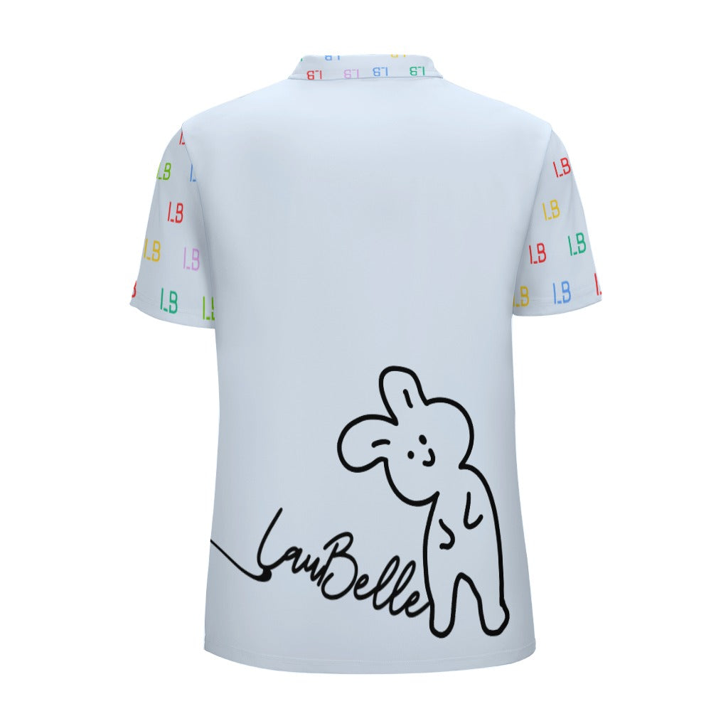 White T-shirt with cartoon bunny design and colorful "LB" patterns on the sleeves.