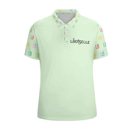 Light green polo shirt with colorful "LB" on sleeves, patterned collar, and "LÄBÜELLE" logo.