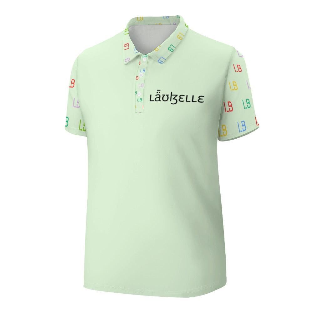 Light green polo shirt with colorful patterned sleeves and collar, features "Läuzelle" text.