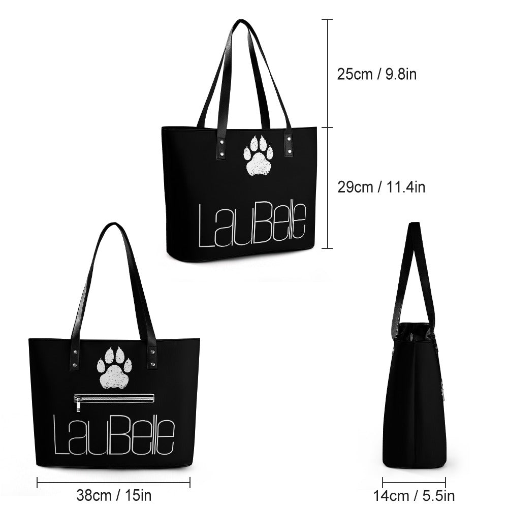 Black tote bag with white paw print and "La Bébé" text, shown with measurements.