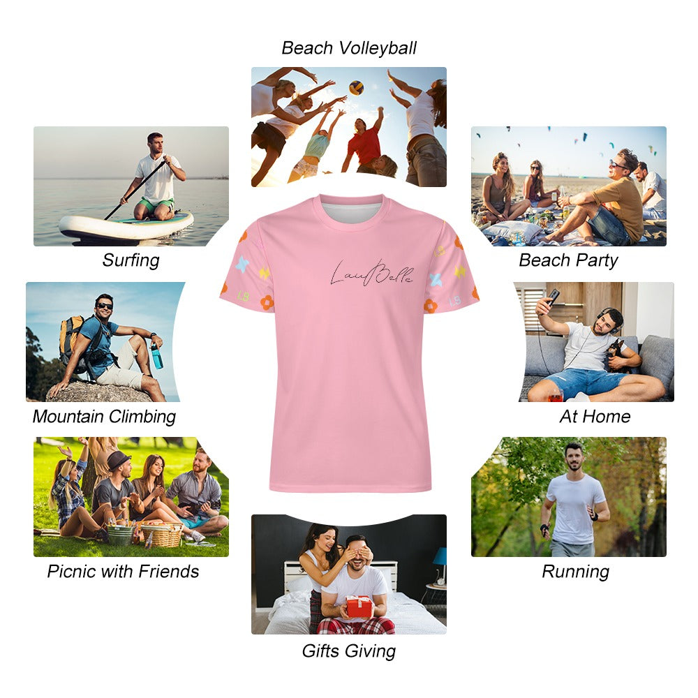 Pink T-shirt in center, surrounded by photos of people doing sports and leisure activities.