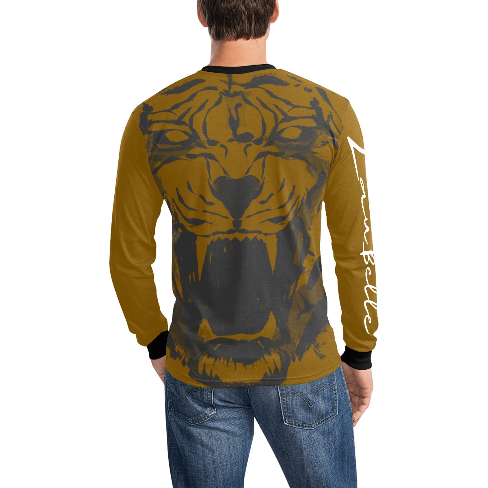 Man in jeans wearing a brown long-sleeve shirt with a large black roaring lion graphic on the back.