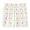 White shorts with a colorful pattern of orange, blue, yellow shapes, and letters on fabric.