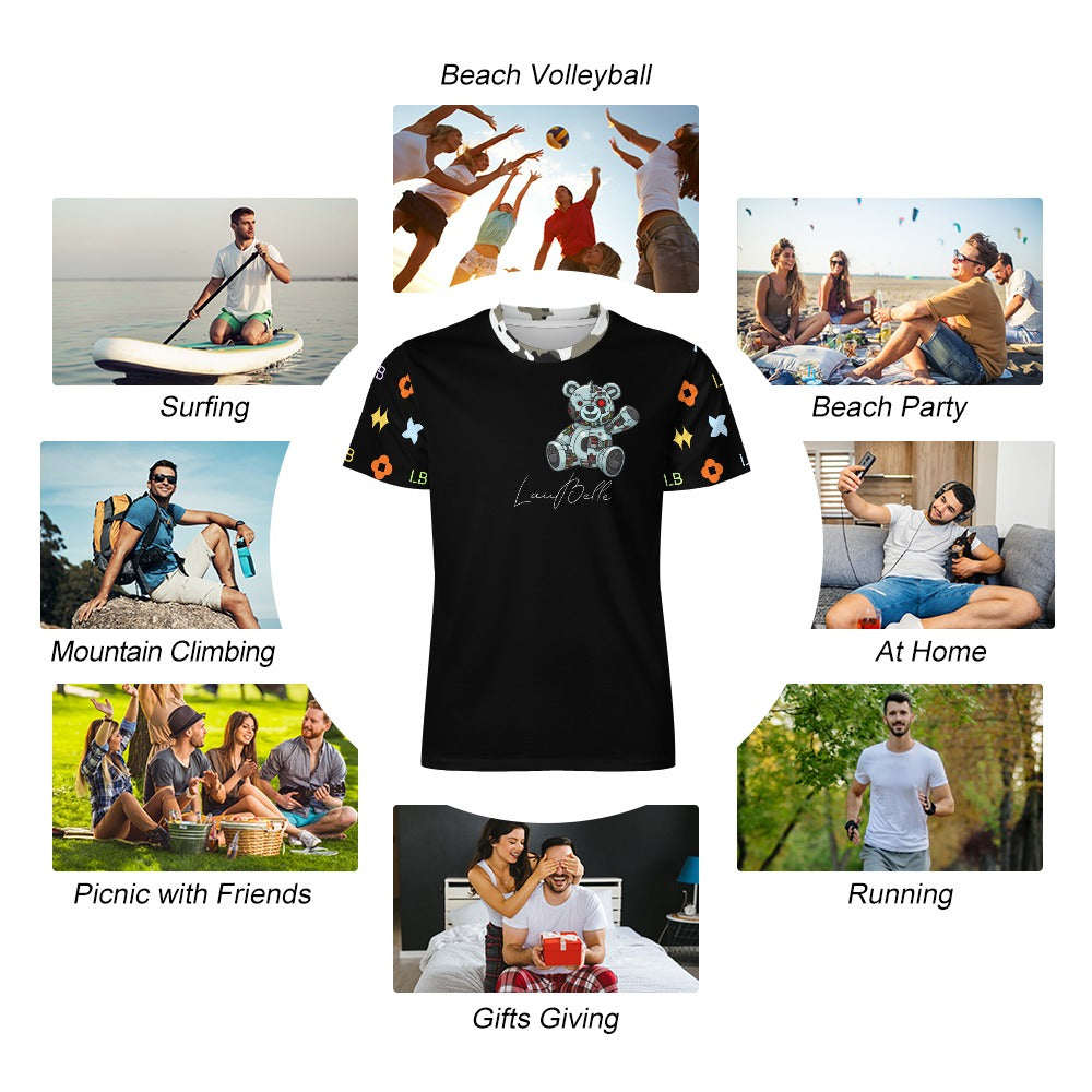 Black teddy-bear graphic T-shirt surrounded by photos of people in various outdoor activities.