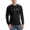 Man wearing a black long-sleeve shirt with white text, paired with blue jeans.