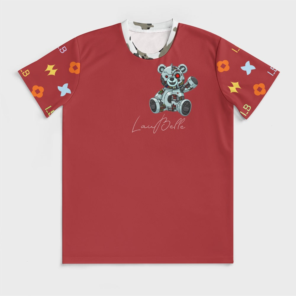 Red T-shirt with robot teddy bear graphic and red sleeves patterned with colorful icons