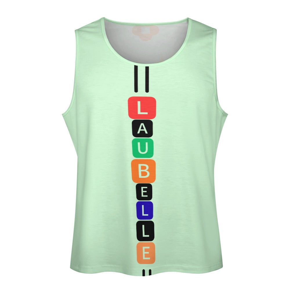 Mint green sleeveless shirt with colored blocks spelling a word vertically down the front.