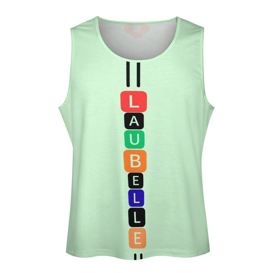 Mint green sleeveless shirt with colored blocks spelling a word vertically down the front.