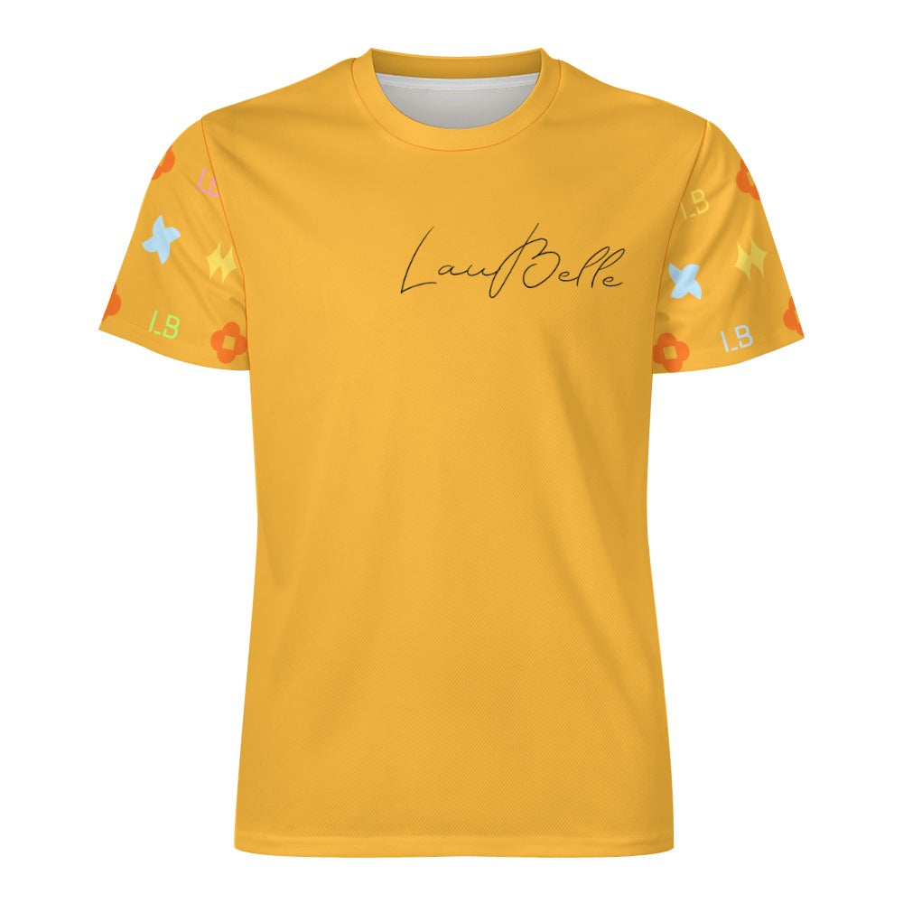 Yellow T-shirt with script logo on chest and colorful patterned short sleeves