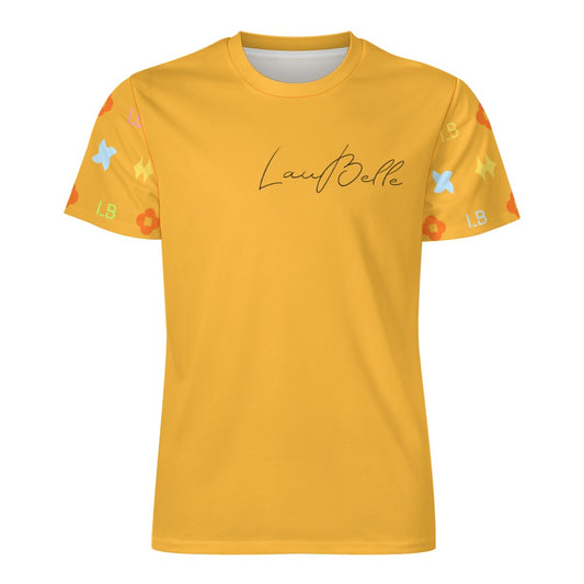 Yellow T-shirt with script logo on chest and colorful patterned short sleeves