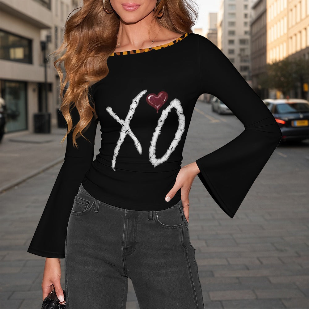 LauBelle - Women's Boat Neck Bell Sleeve T-shirt - Black Heart - LauBelle Brand