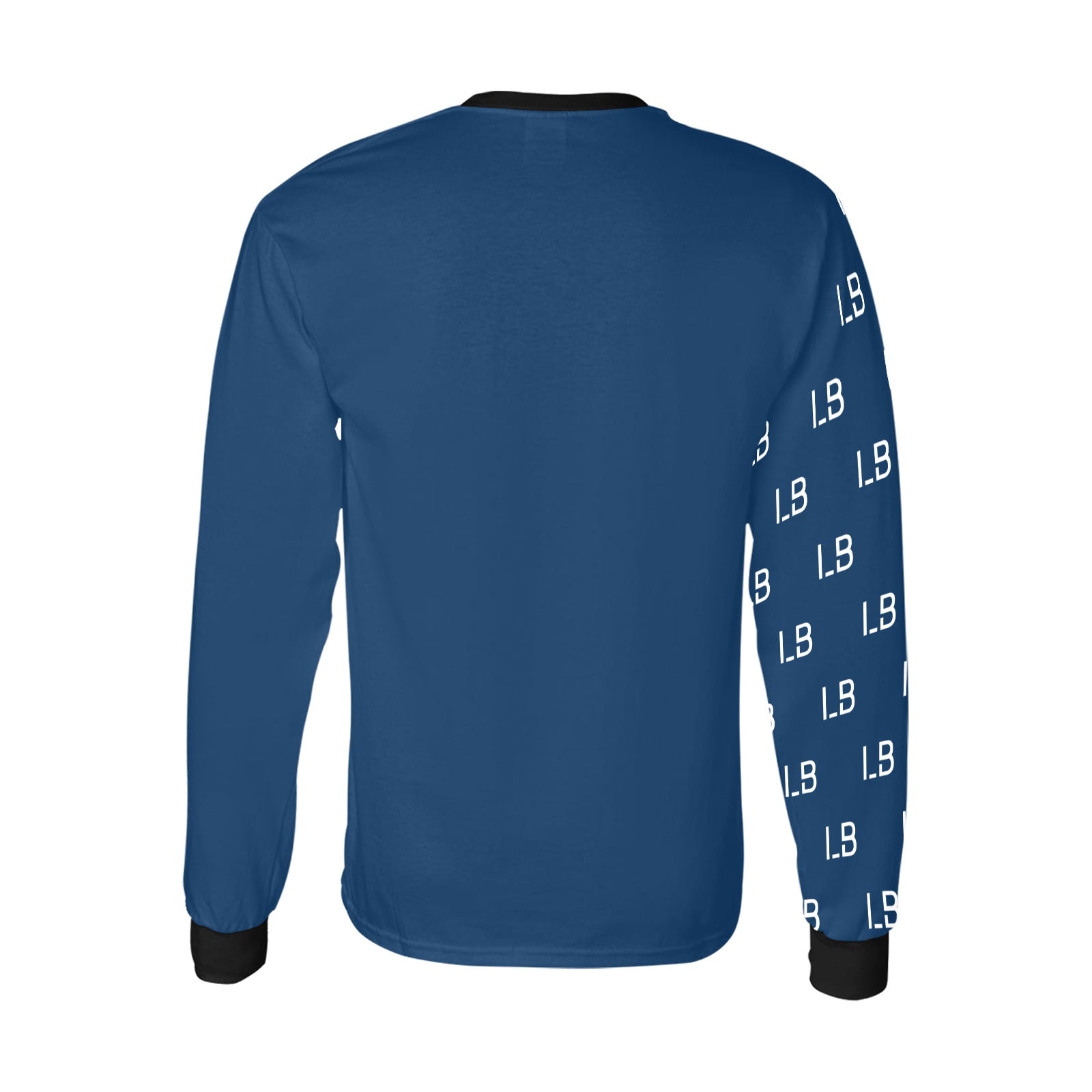 Blue long-sleeve shirt with "LB" pattern on right sleeve, black collar and cuffs.