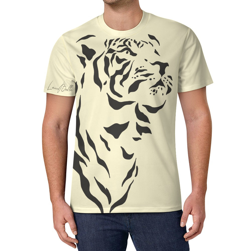 Man in light beige T-shirt with large black tiger graphic on the front.