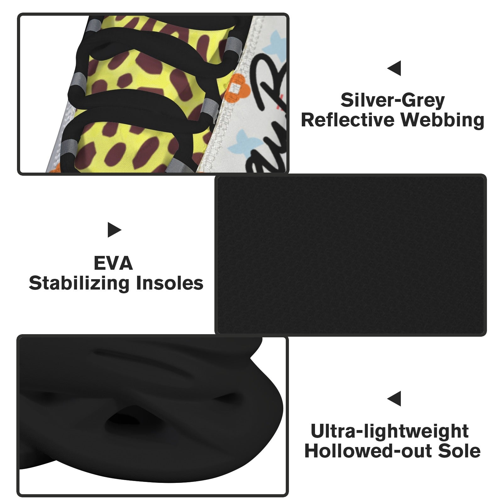 Sneaker details: leopard print, silver-grey webbing, EVA insoles, lightweight hollowed sole.