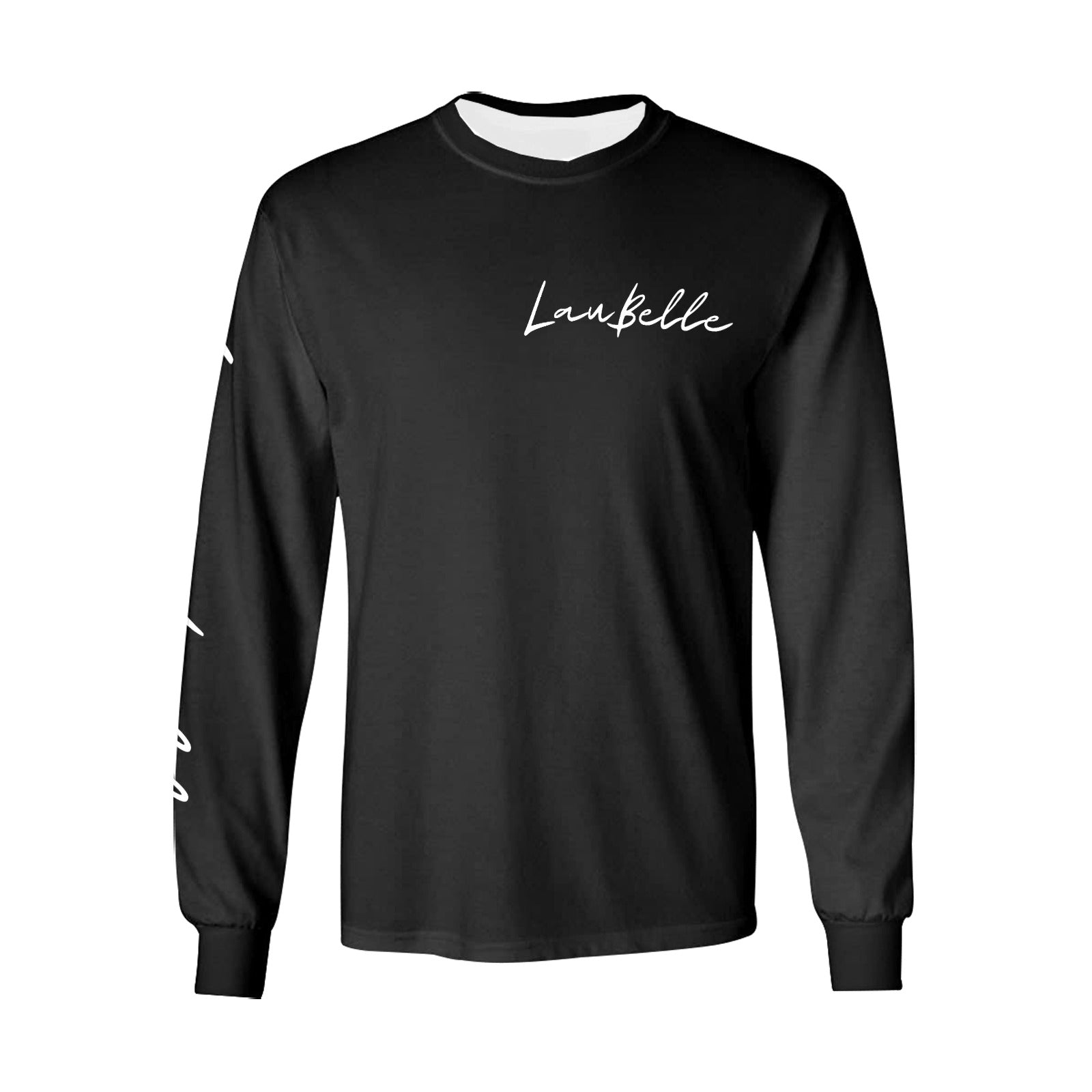 Black long-sleeve shirt with white script logo on chest and left sleeve, ribbed cuffs.