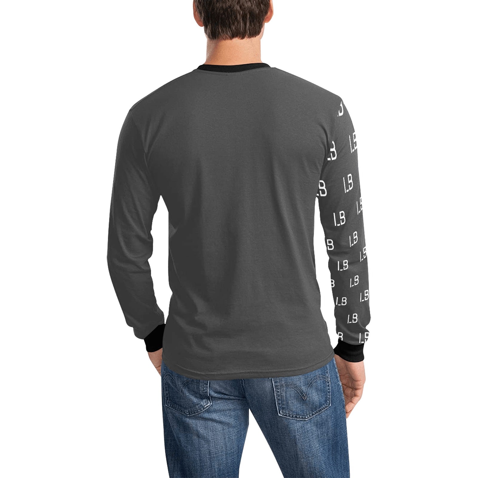 Man in gray long-sleeve shirt with white "LB" print on sleeves, wearing blue jeans.