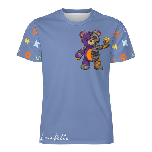 Light blue T-shirt with colorful patchwork bear graphic and bright patterned sleeves.