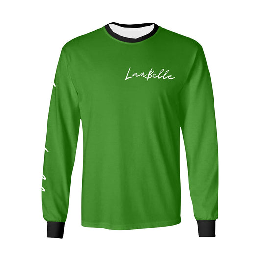 Green long-sleeve shirt with white script text on chest and sleeves, black cuffs and collar.
