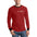 Man in red long-sleeve shirt with black cuffs, white text on chest, and blue jeans, smiling.