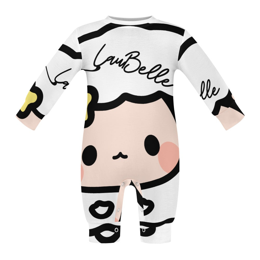 White baby onesie with cute face print, black text, and yellow accents on sleeves.