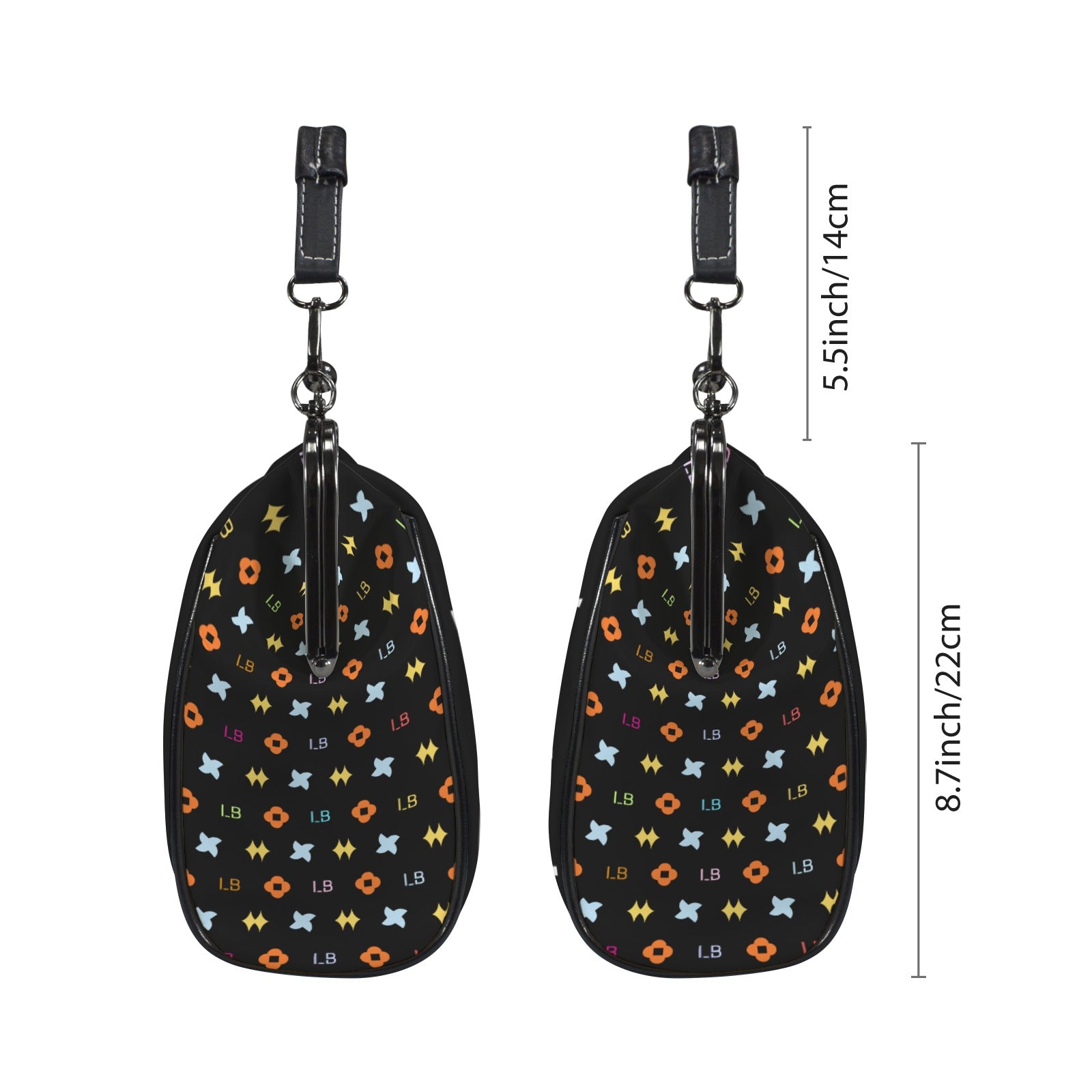 Two black pouches with colorful geometric patterns, clips attached, dimensions shown beside.