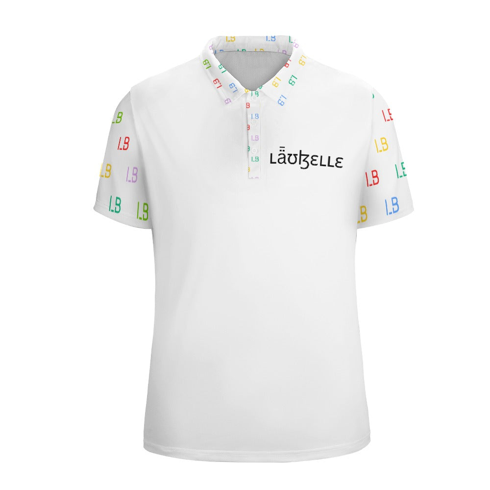 White polo shirt with colorful "LB" pattern on sleeves and collar, and "Läubelle" logo on chest.
