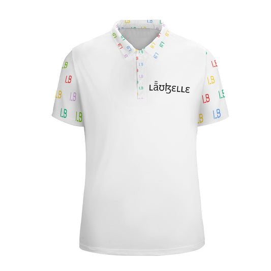 White polo shirt with colorful "LB" pattern on sleeves and collar, and "Läubelle" logo on chest.