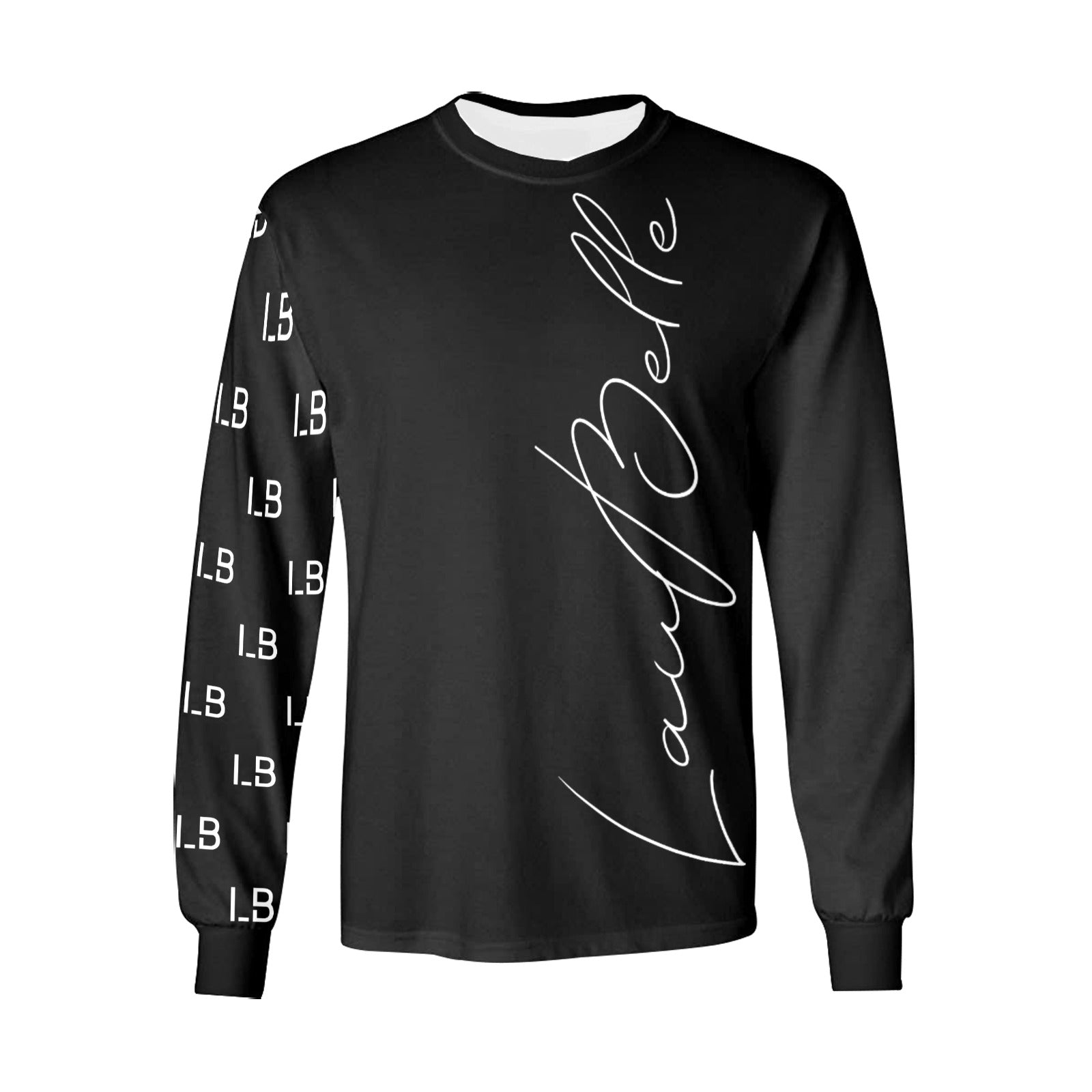Black long-sleeve shirt with white cursive text and "L.9" repeated on the sleeve.
