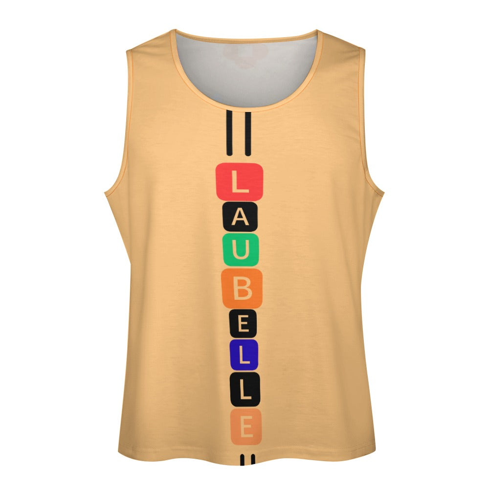 Beige sleeveless top with vertical multicolored blocks spelling "LAUBELLE" in the center.